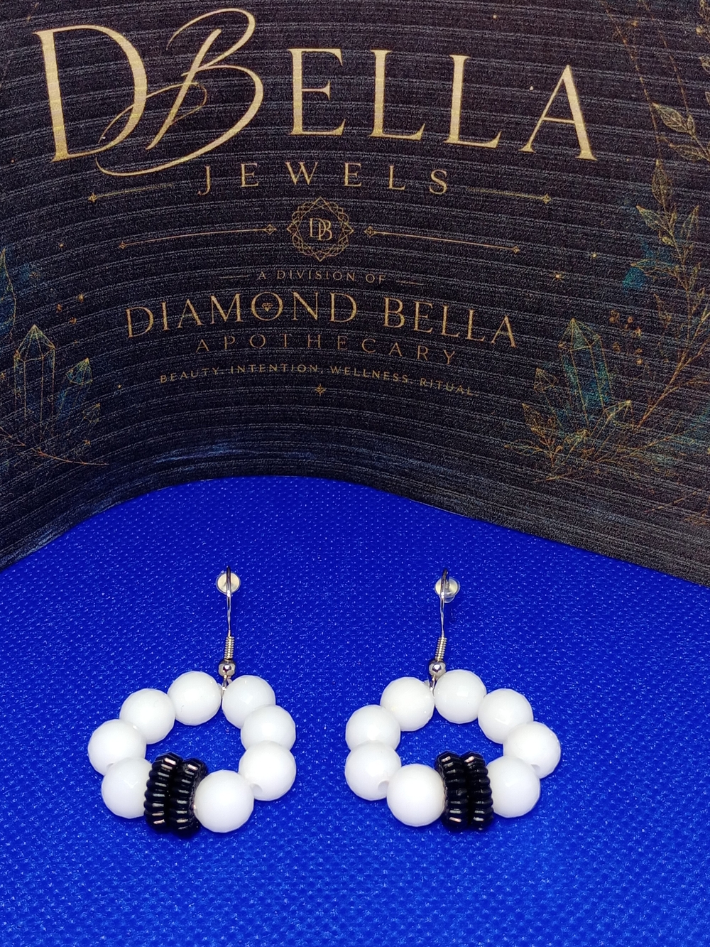 DBella Jewels Adjustable White Beaded Hoop Earrings with Black Accents